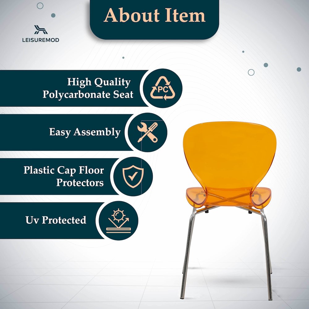 Modern Oyster Side Chair in Transparent Orange with Chromed Base Set of 2. Picture 5