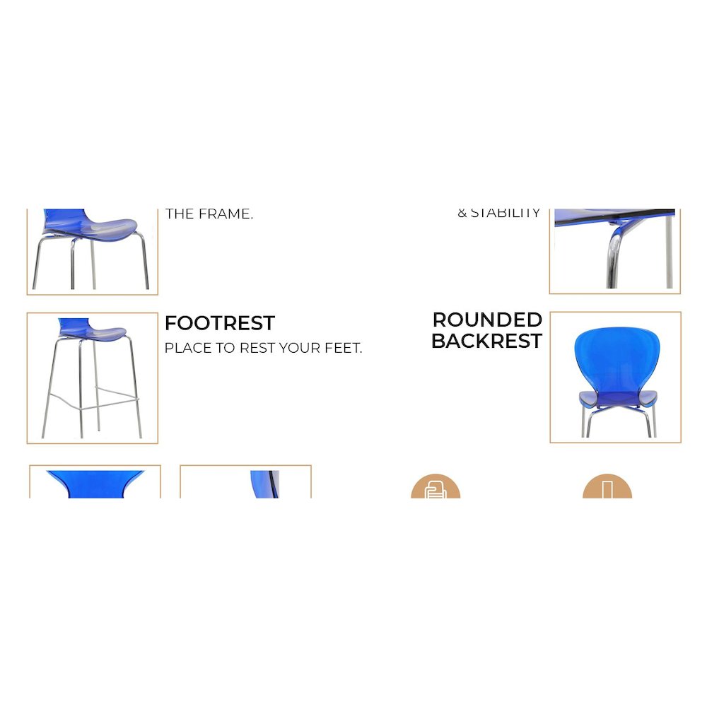 Oyster Acrylic Barstool with Steel Frame in Chrome Finish in Transparent Blue. Picture 20