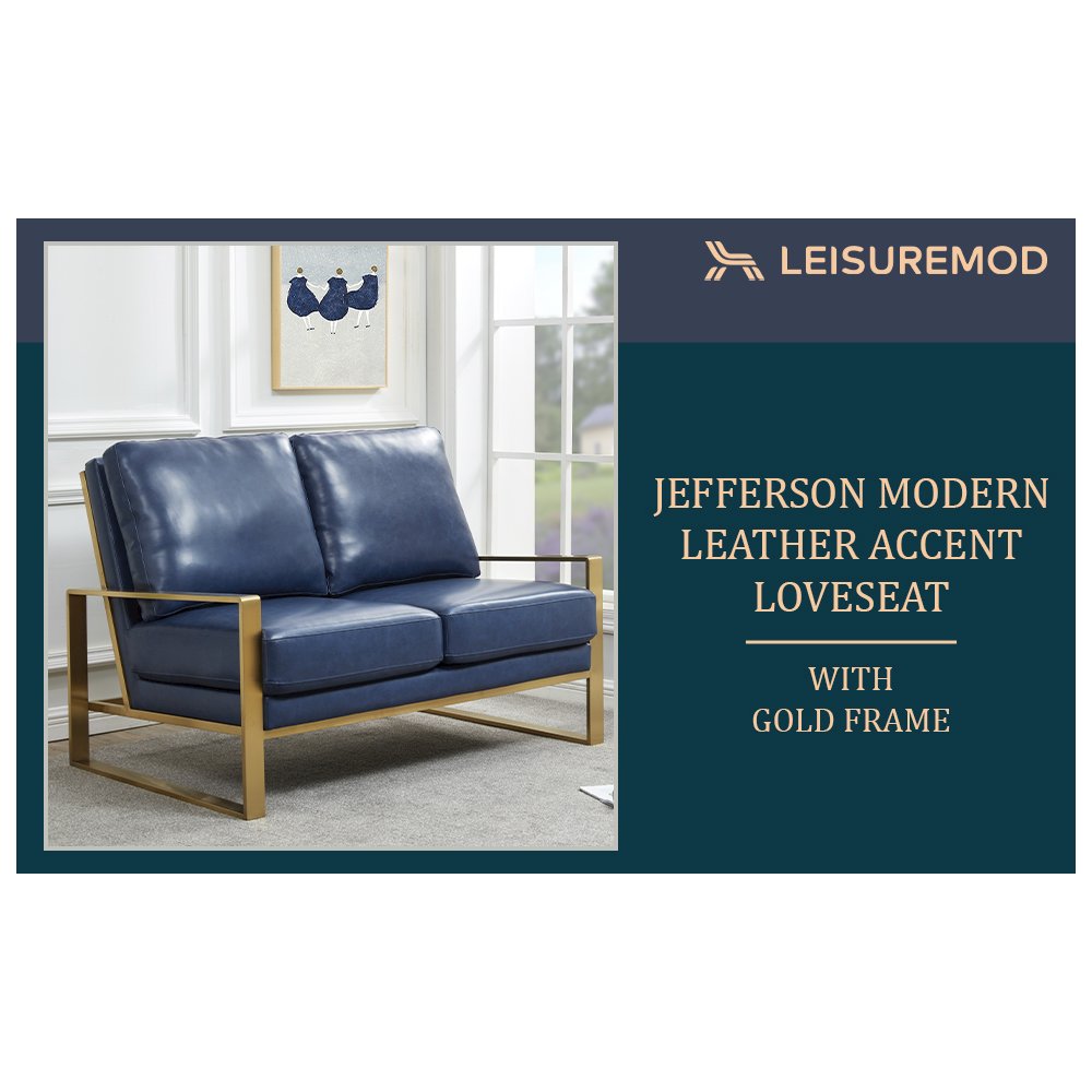 Jefferson - Leather Loveseat - Gold Frame - Navy Blue. Picture 12