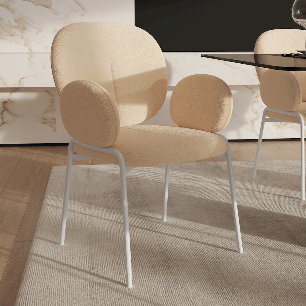 Celestial Series Boucle Dining Arm Chair, White Frame with Beige Fabric. Picture 4