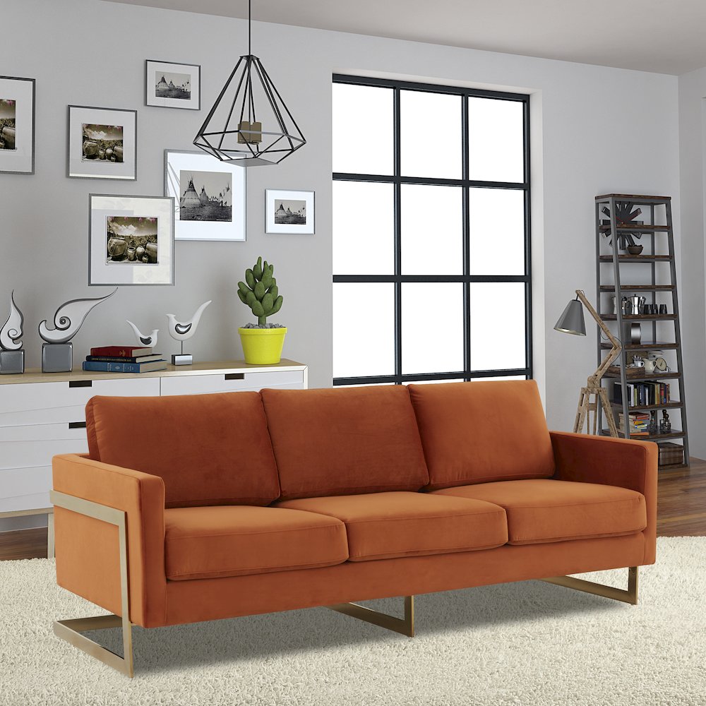Lincoln Modern Mid-Century Upholstered Velvet Sofa with Gold Frame. Picture 4