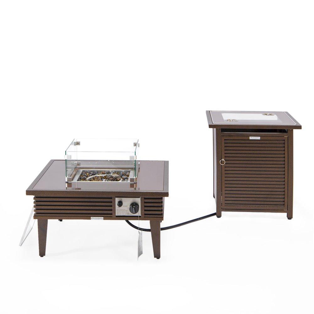 Walbrooke Patio Square Fire Pit and Tank Holder with Slats Design in Brown. Picture 4
