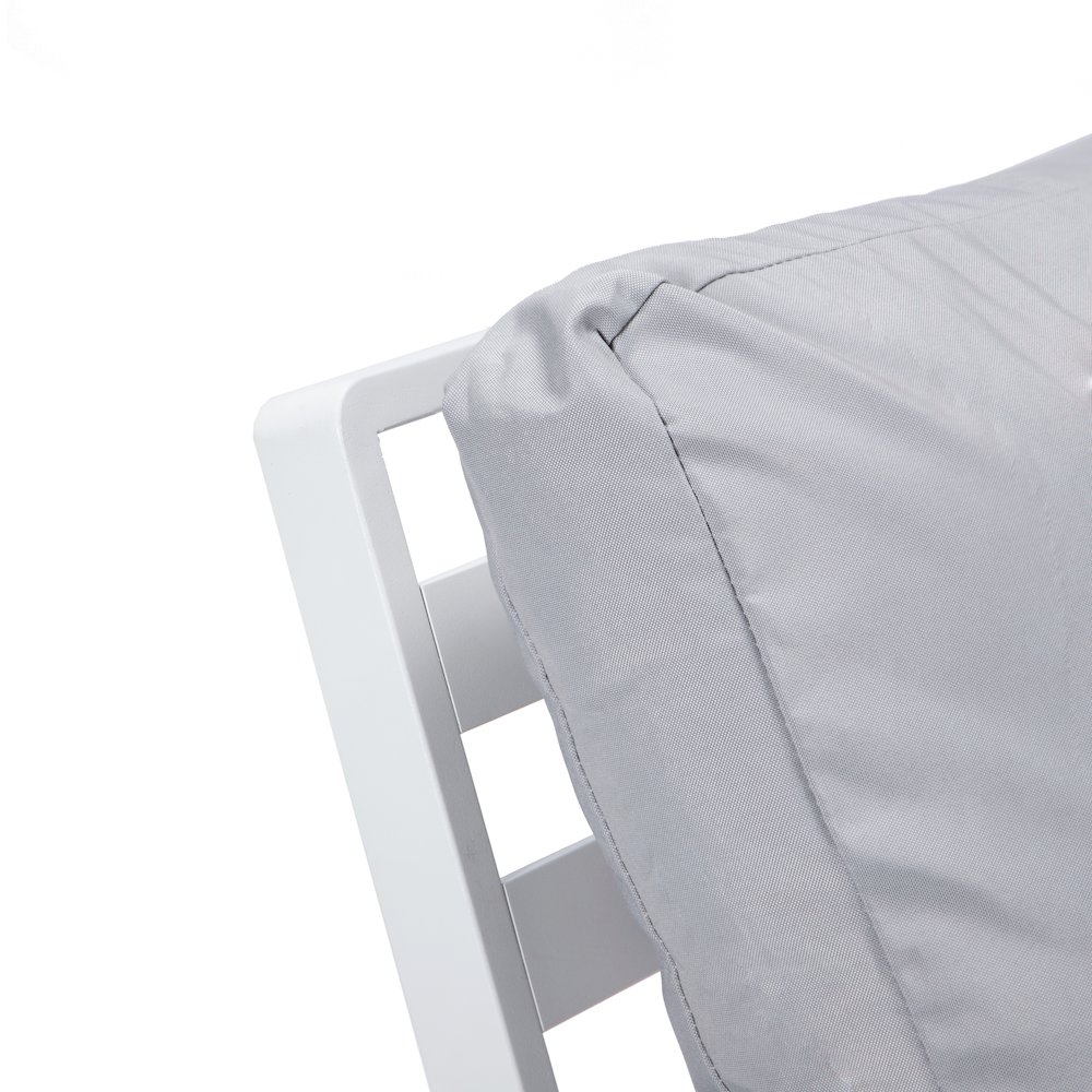 Walbrooke Outdoor Patio White Aluminum Armchairs With Cushions in Light Grey. Picture 5