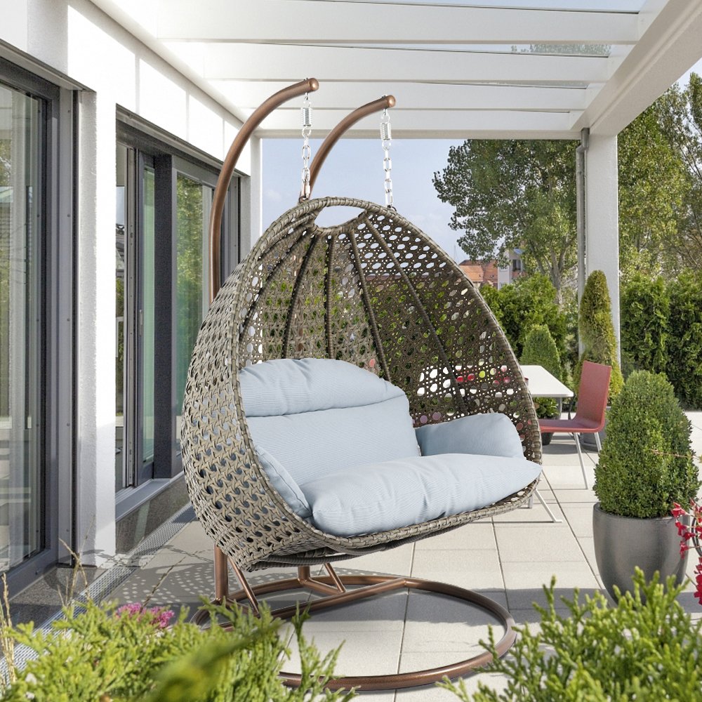 Beige Wicker Hanging 2 person Egg Swing Chair. Picture 2