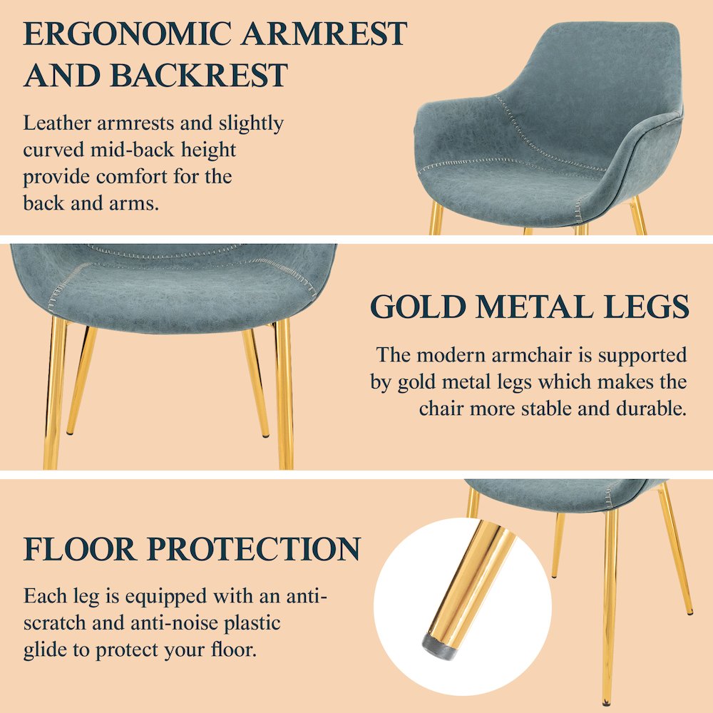 Markley Modern Leather Dining Arm Chair With Gold Metal Legs. Picture 4