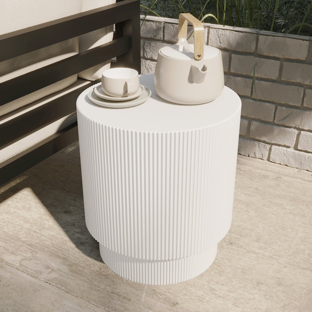 Eden Collection Fiberglass Outdoor Side Table in White. Picture 35