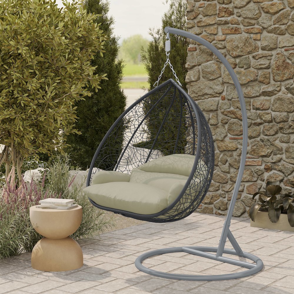Recluse Collection Modern Outdoor Swing Chair Grey Frame with ES57 Taupe Cushion. Picture 9