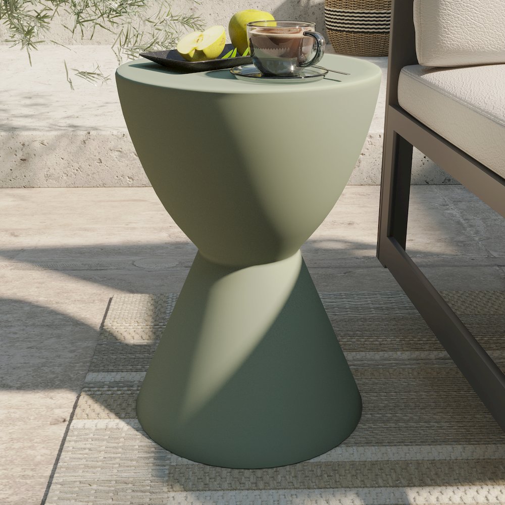 Loft Collection Fiberglass Outdoor Side Table in Moss Grey. Picture 12