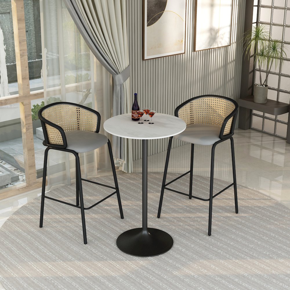 Bar Height Table Black Base with 27" Round Marble White Sintered Stone Top. Picture 27