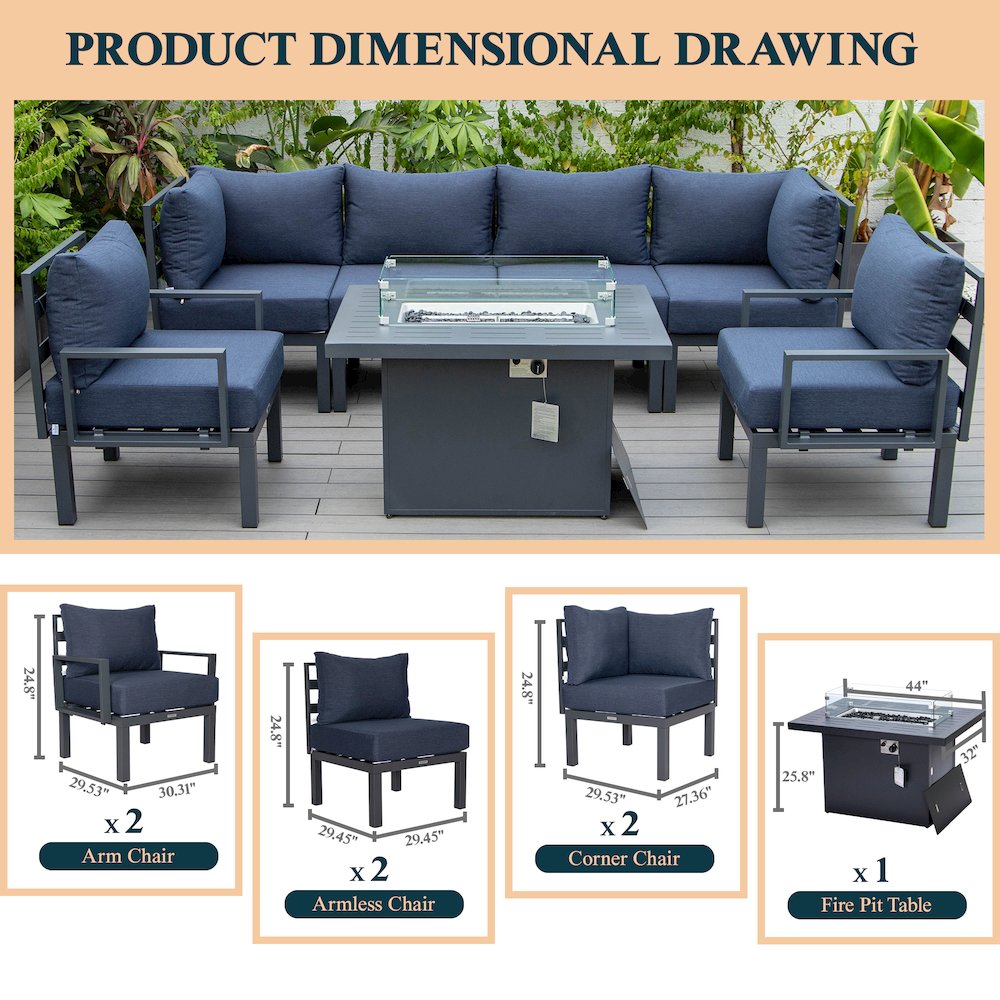 Chelsea 7-Piece Patio Sectional And Fire Pit Table Black Aluminum With Cushions. Picture 36