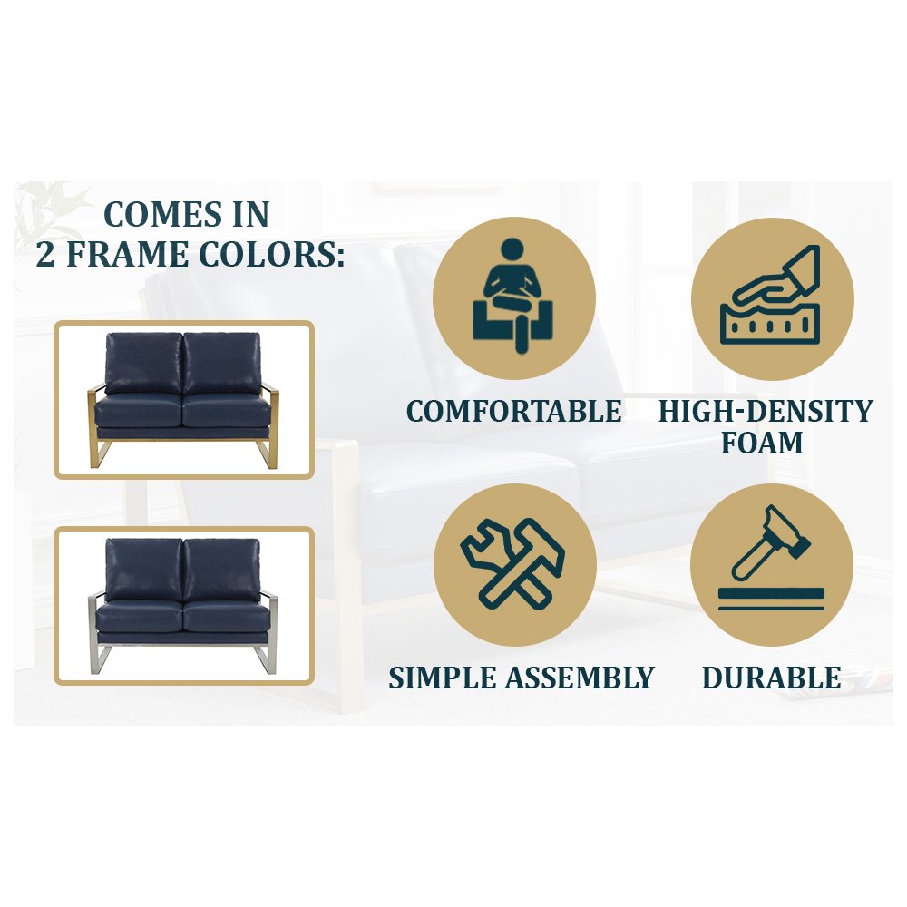 Jefferson - Leather Loveseat - Gold Frame - Navy Blue. Picture 10