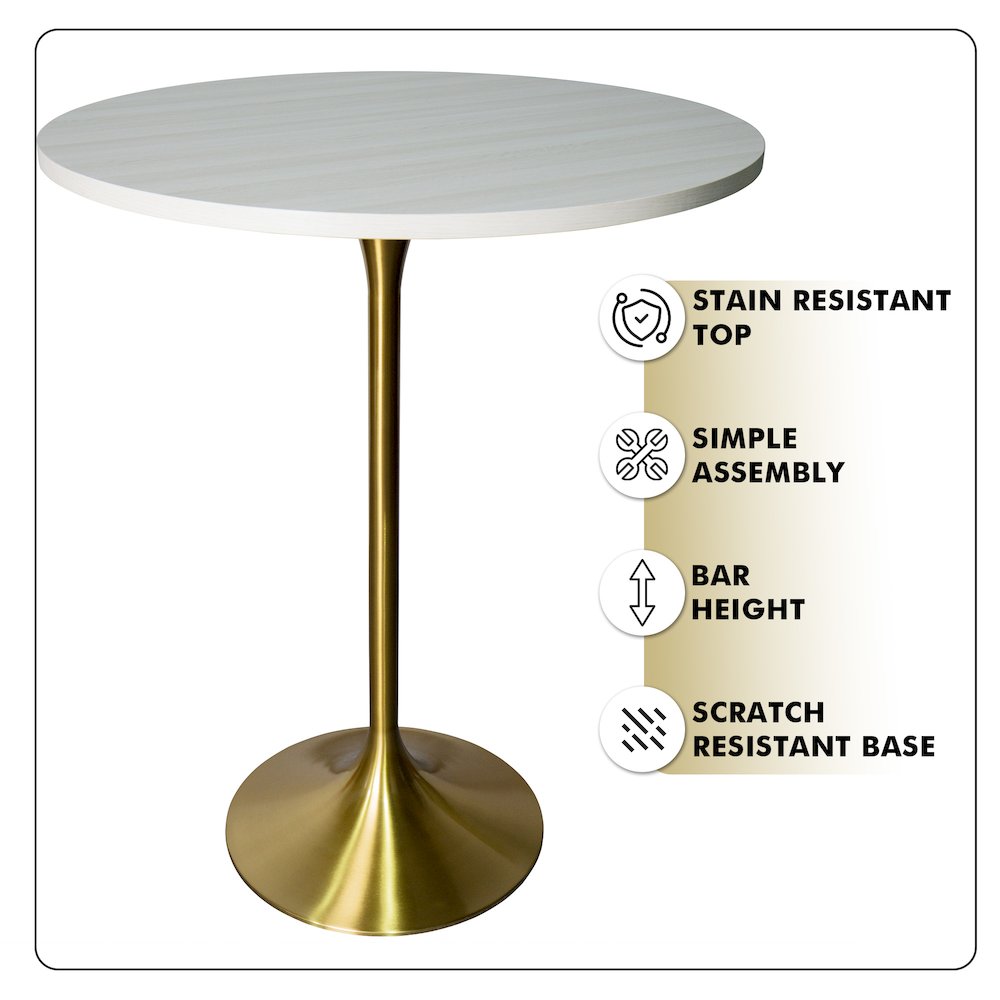 Bar Height Table Brushed Gold Base with 27" Round Light Natural Wood MDF Top. Picture 5