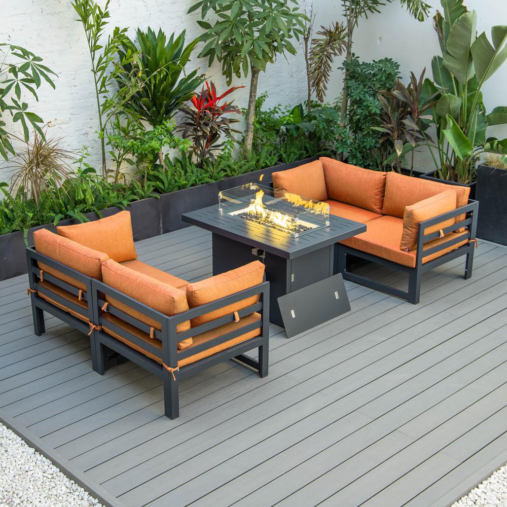 LeisureMod Chelsea 5-Piece Sectional Loveseat and Fireplace Set Black Aluminum with Cushions, Orange. Picture 1