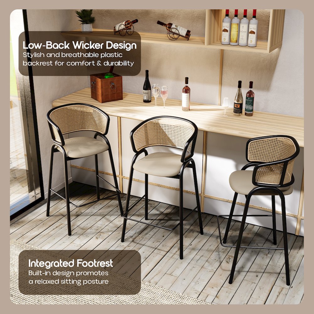 Ervilla Wicker Bar Stool with Fabric Seat and Black Steel Frame - Taupe. Picture 3