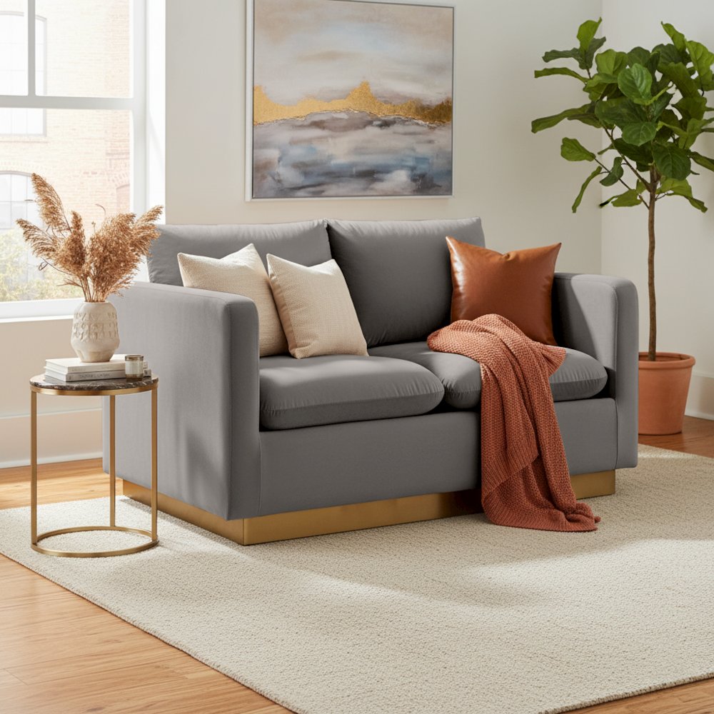 Nervo Modern Mid-Century Upholstered Velvet Loveseat with Gold Frame. Picture 17