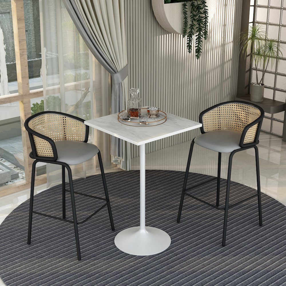 Modern Bar Height Table White Base 27" Square Marbleized White Laminated  Top. Picture 7