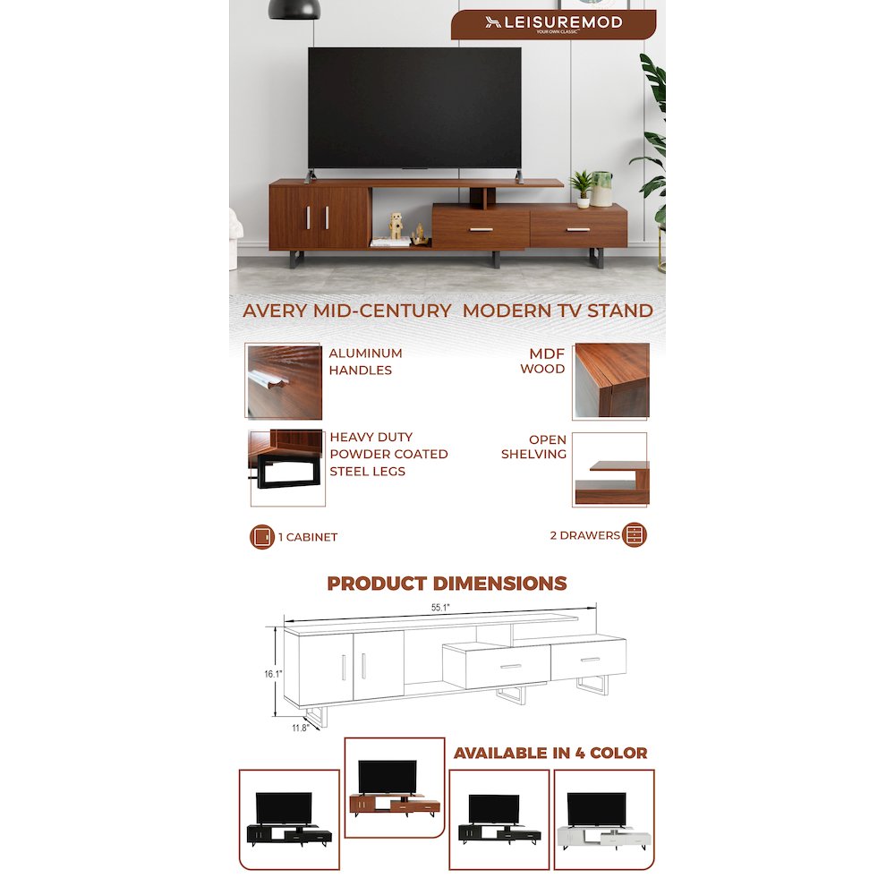 Avery Mid-Century Modern TV Stand with MDF Cabinet and Powder Coated Steel Legs. Picture 1