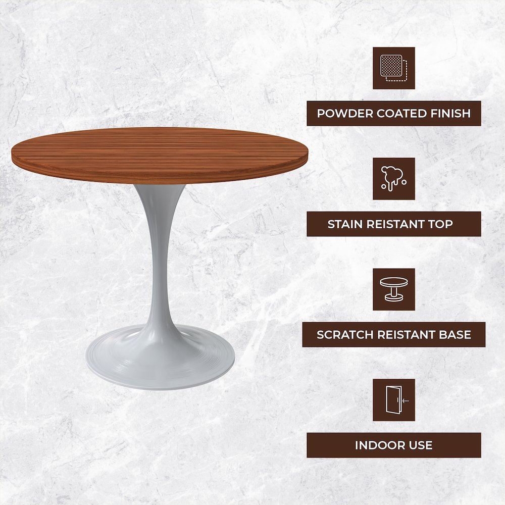 Verve Collection 36 Round Dining Table, White Base with Cognac Brown MDF Top. Picture 1