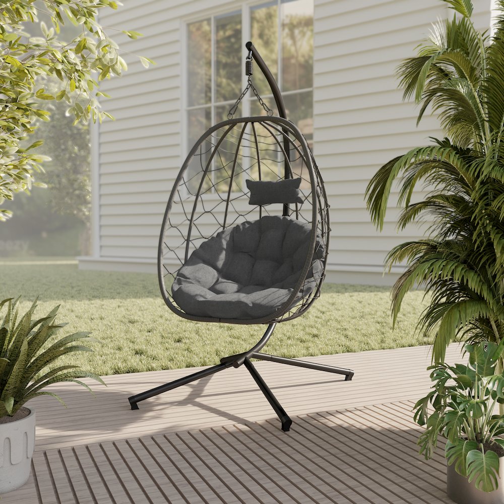 Summit Series Outdoor Egg Swing Chair In Black With CHarcoal Cushions. Picture 9
