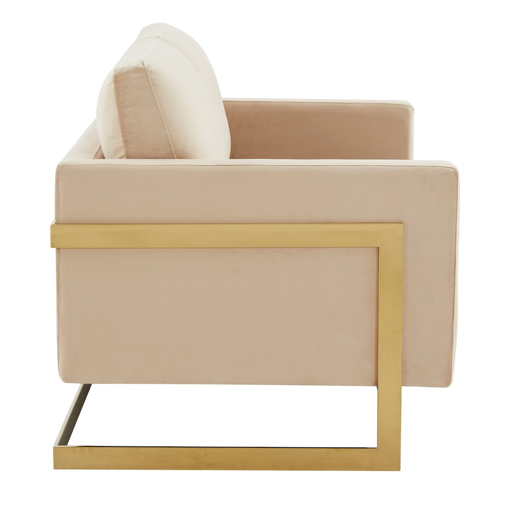 Lincoln Modern Mid-Century Upholstered Velvet Loveseat with Gold Frame. Picture 7
