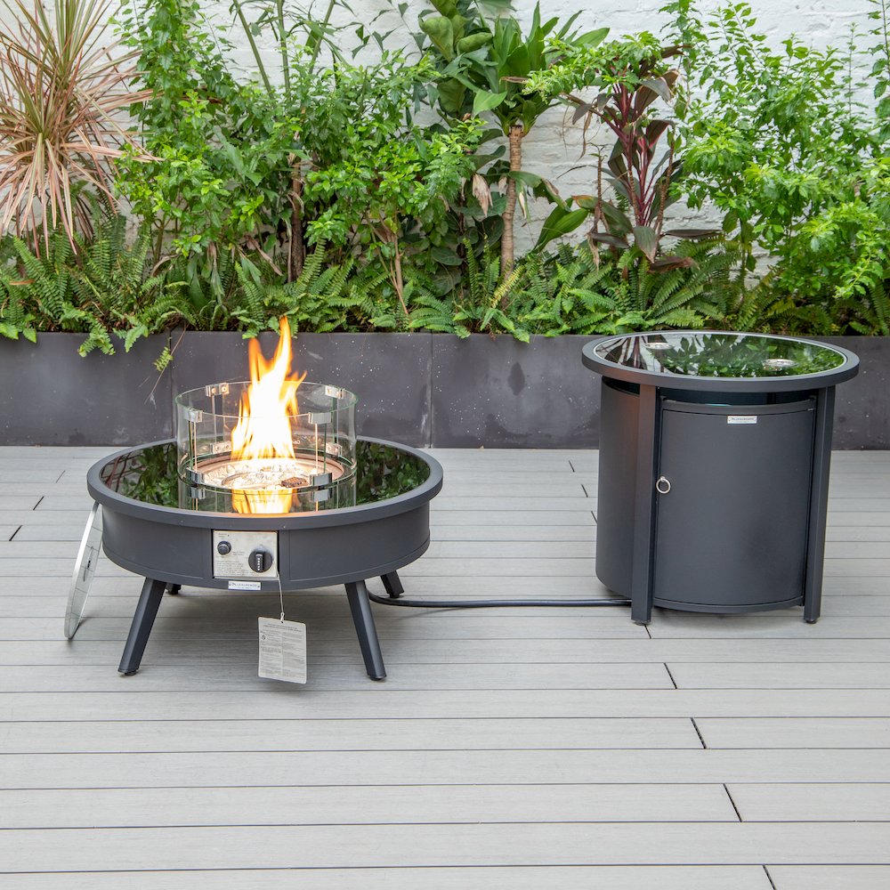Walbrooke Patio Round Fire Pit and Tank Holder in Black. Picture 1
