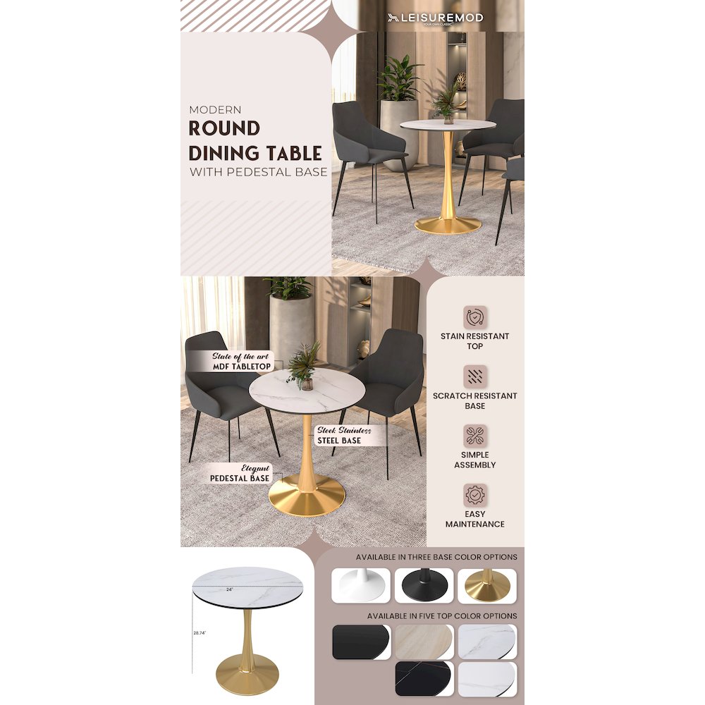 Bristol 24" round dining table Gold Base With White Top. Picture 39