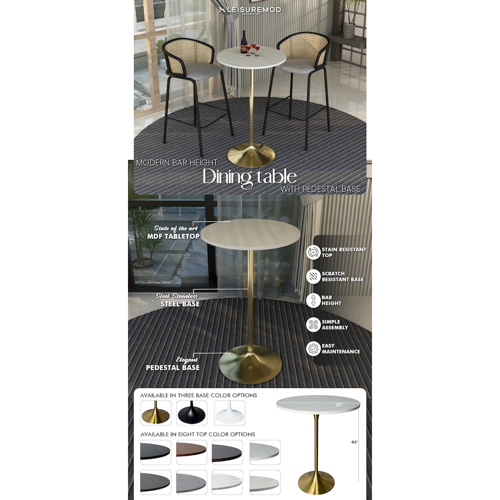 Bar Height Table Brushed Gold Base with 27" Round Light Natural Wood MDF Top. Picture 13