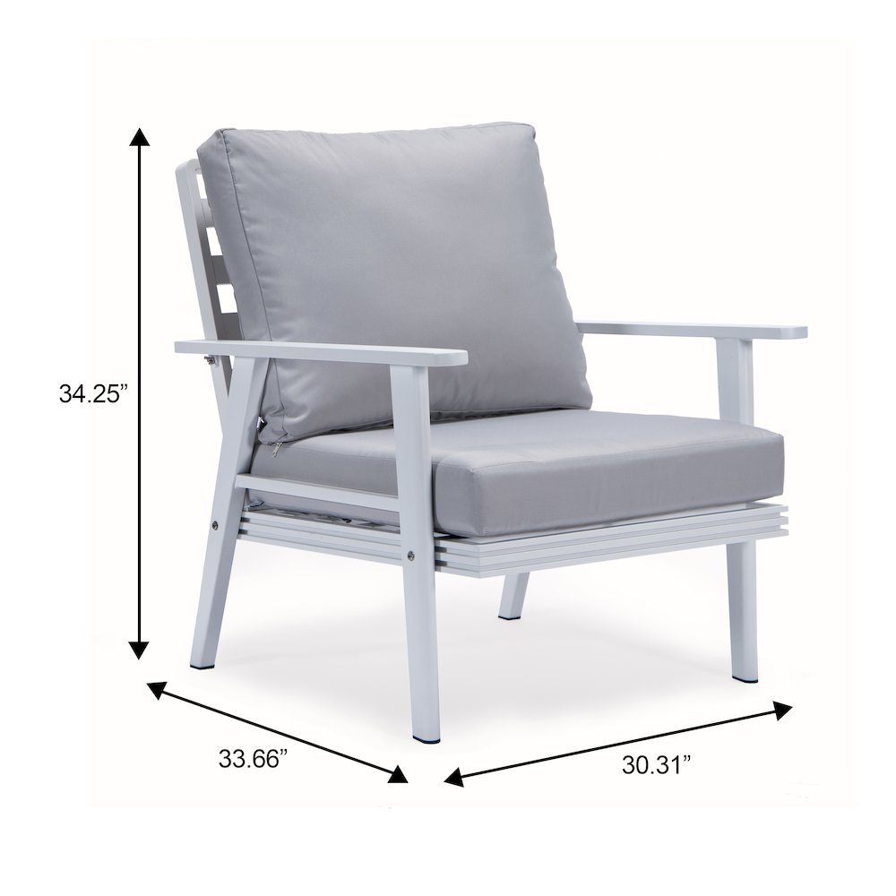 Walbrooke Outdoor Patio White Aluminum Armchairs With Cushions in Light Grey. Picture 7