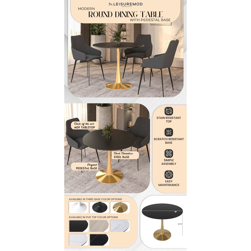 Bristol 35" round dining table Gold Base With Black Top. Picture 24