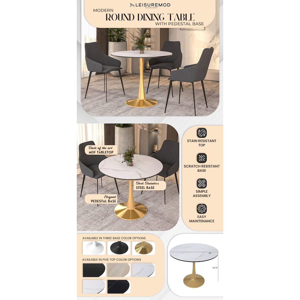 Bristol 35" round dining table Gold base with marbled MDF top. Picture 24