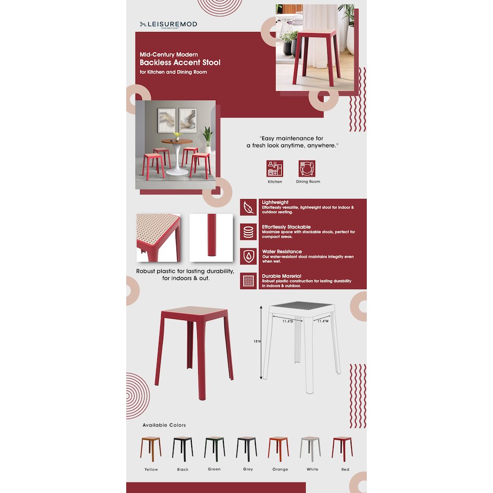 Tresse Series Stackable Poly Stool With Wicker Top 12 in Red. Picture 17