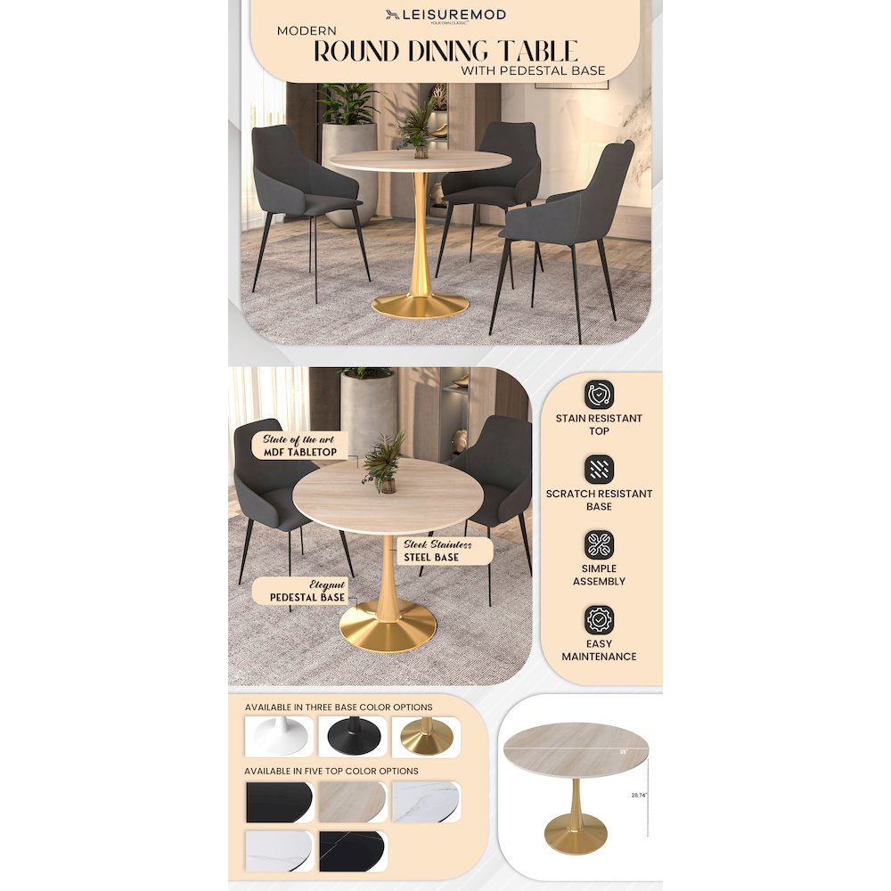 Bristol 35" round dining table Gold Base With Natural Wood Top. Picture 24