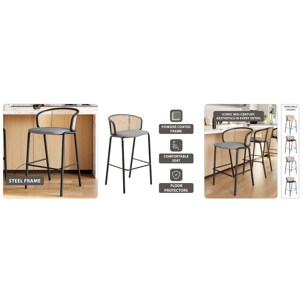 Ervilla Mid-Century Modern Wicker Bar Stool in Grey. Picture 1