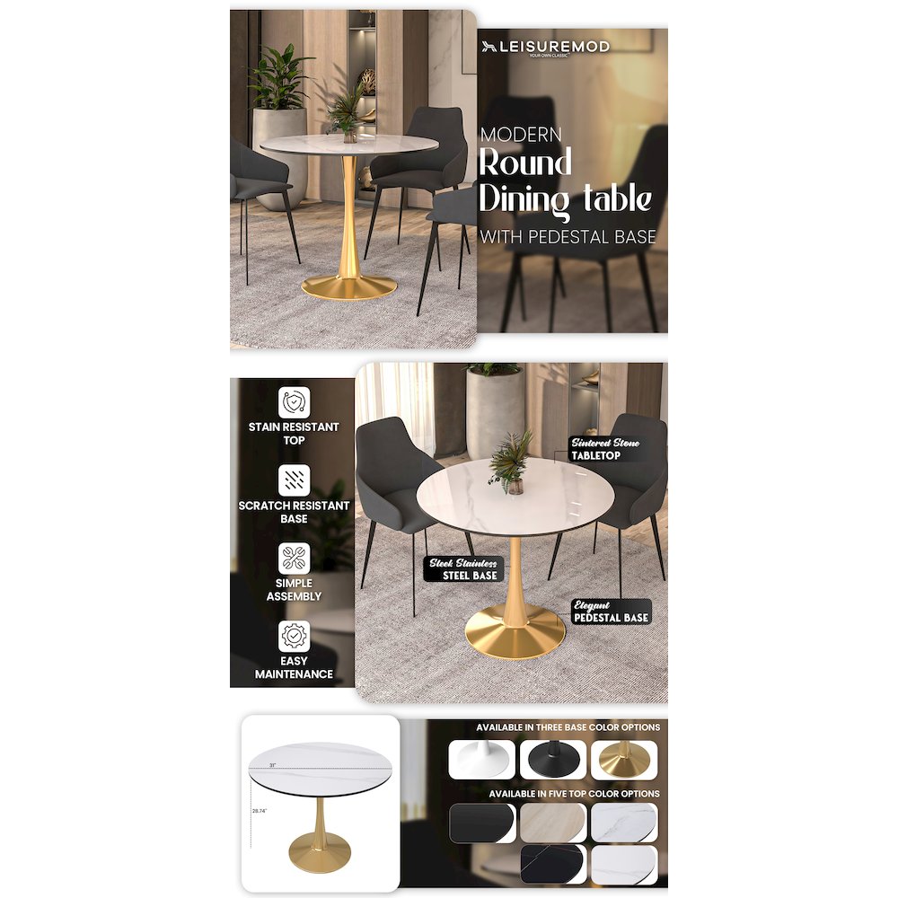 Bristol 31" round dining table Gold base with White Sintered stone Top. Picture 33
