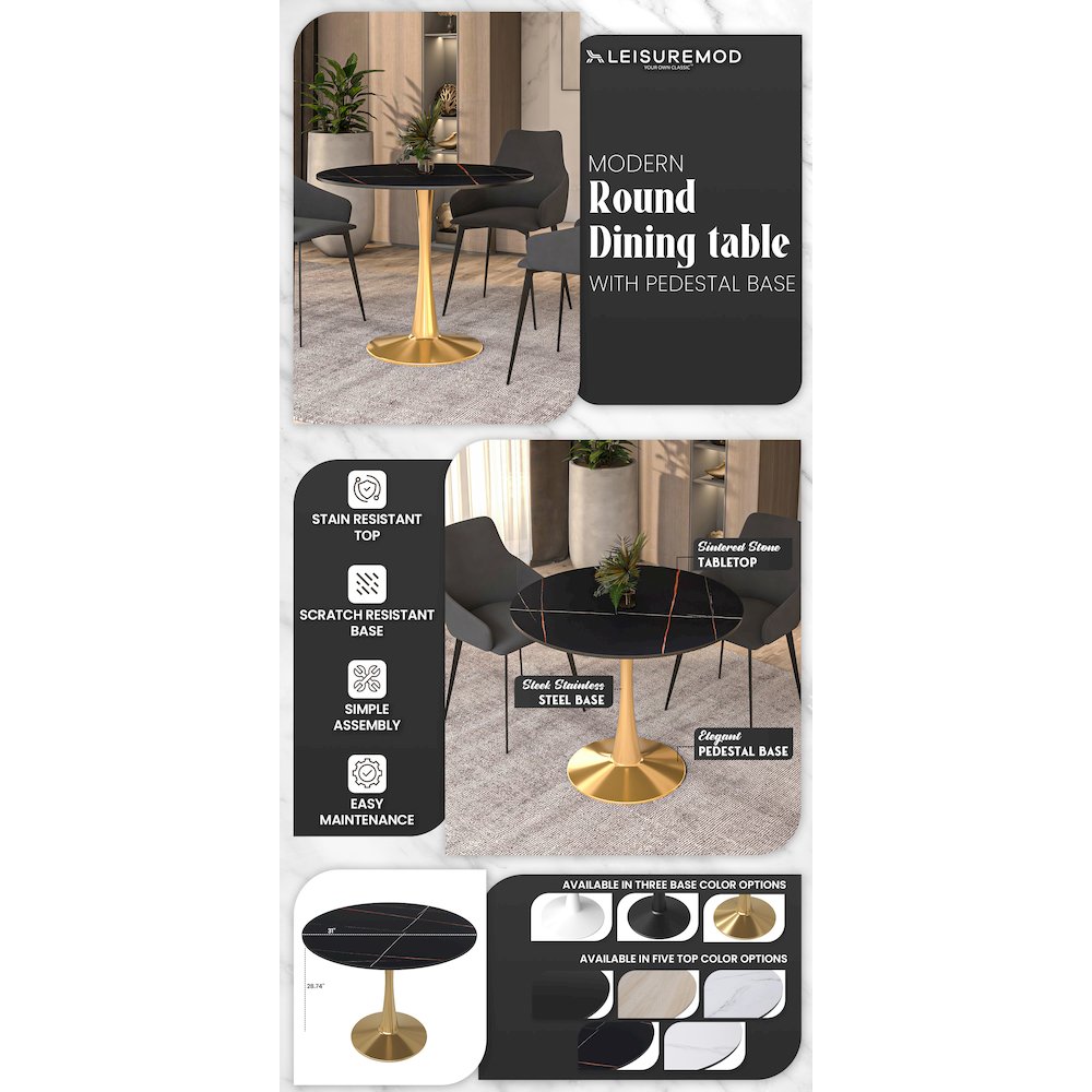 Bristol 35" round dining table Gold base with Black Sintered stone Top. Picture 30