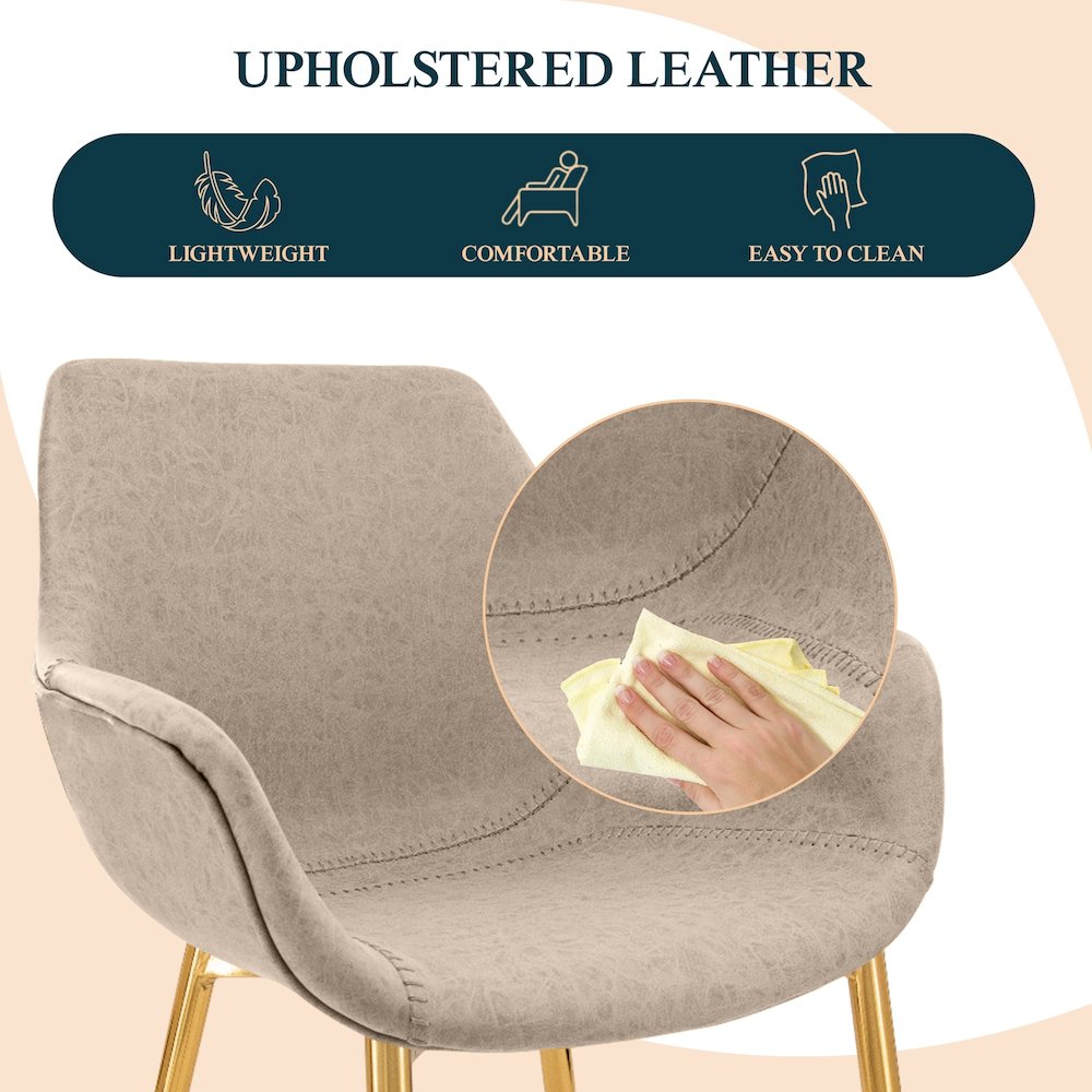 Markley Modern Leather Dining Arm Chair With Gold Legs in Taupe Set of 4. Picture 6