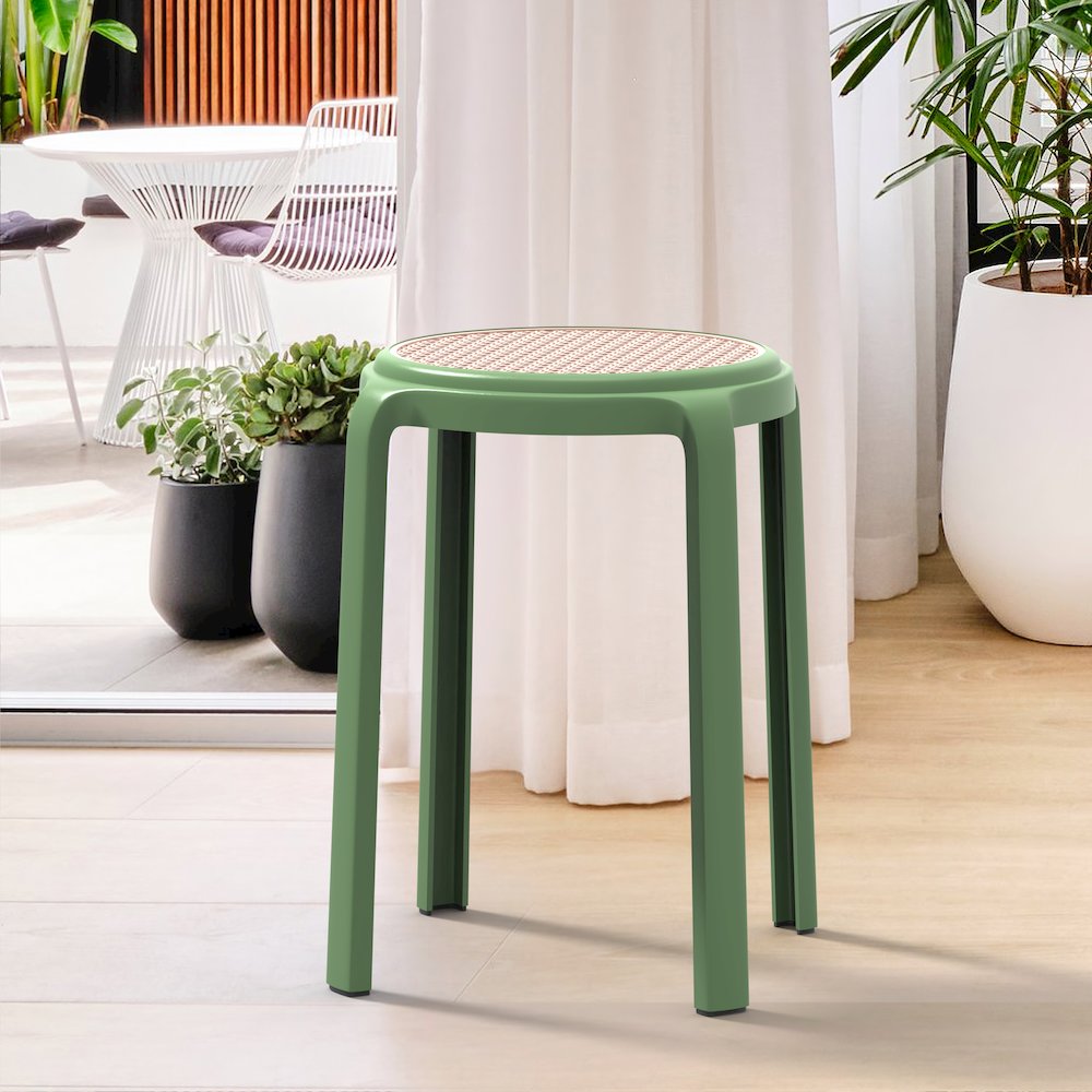 Tresse Series Stackable Round Poly Stool With Wicker Top 13 in Green. Picture 8