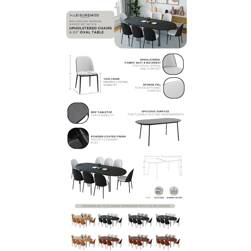 Tule 9-Piece Dining Set in Steel Frame with 8 Upholstered Seat Dining Table. Picture 28