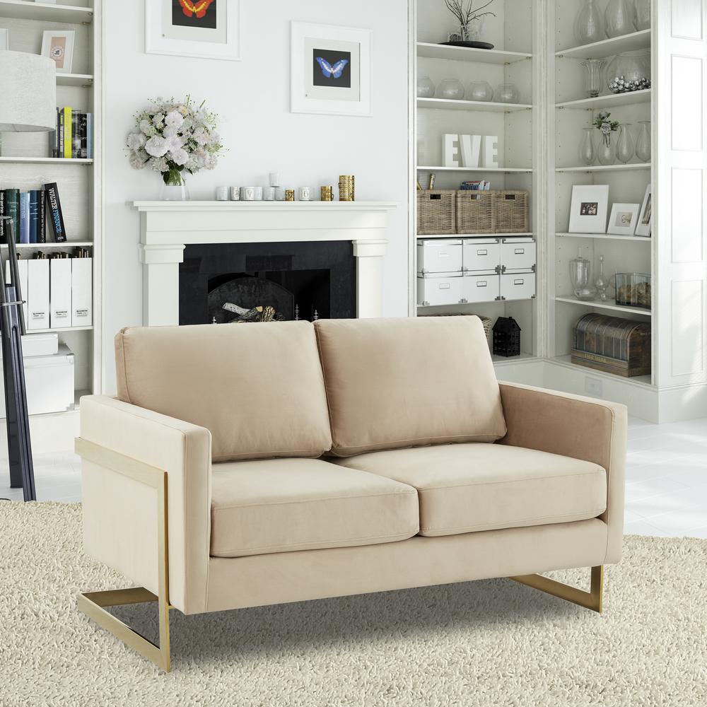 LeisureMod Lincoln Modern Mid-Century Upholstered Velvet Loveseat with Gold Frame, Beige. Picture 2