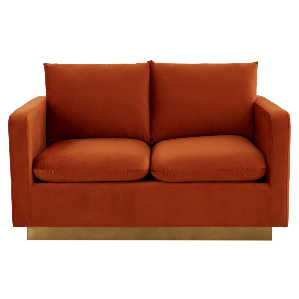 LeisureMod Nervo Modern Mid-Century Upholstered Velvet Loveseat with Gold Frame, Orange Marmalade. Picture 3