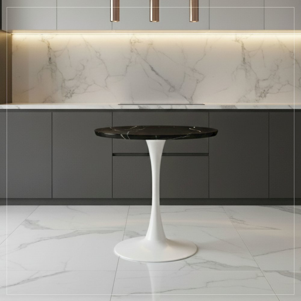 Bristol Dining table, White Base with 27" Round Marbleized Black MDF top. Picture 13