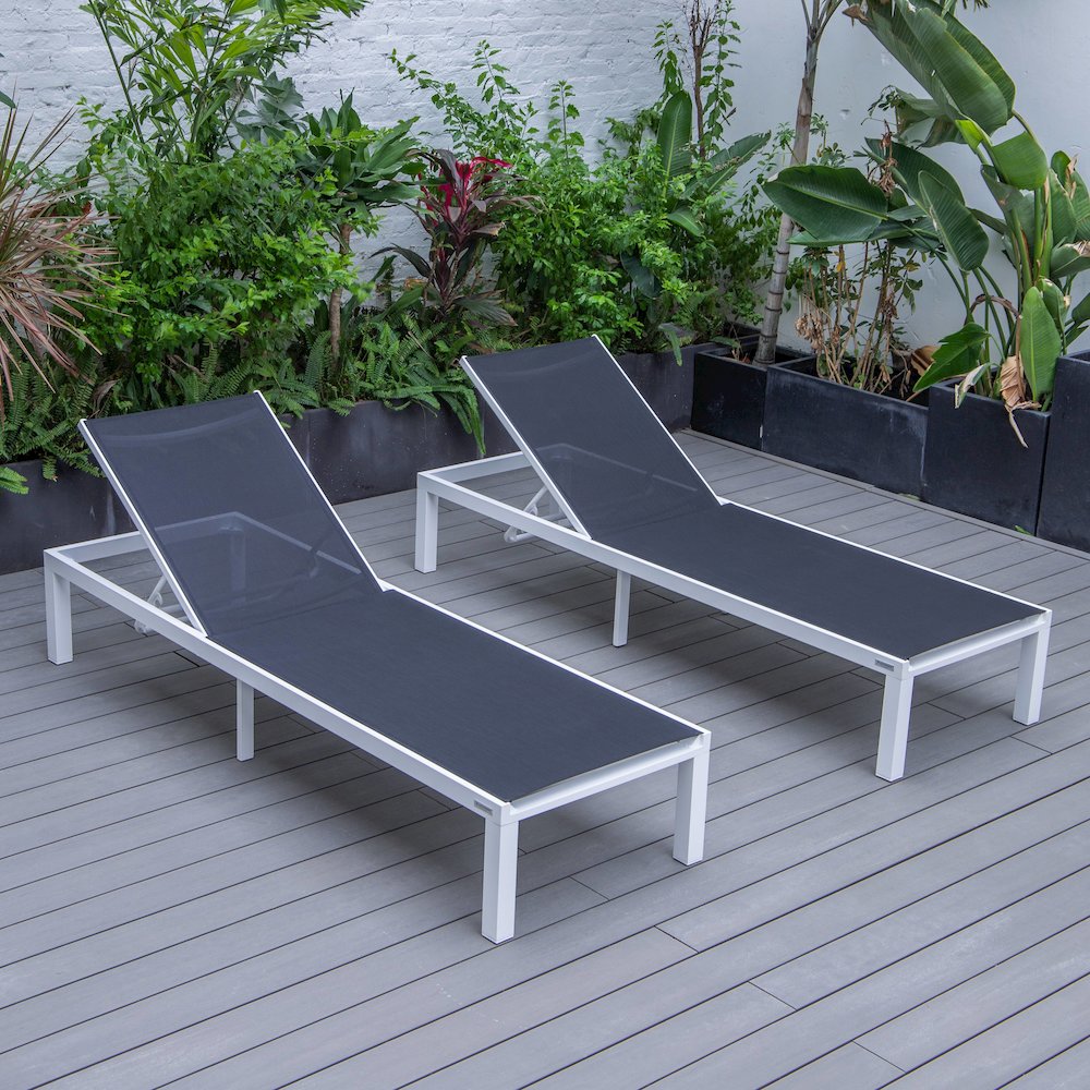 Marlin Patio Chaise Lounge Chair With White Aluminum Frame, Set of 2 in Black. Picture 1