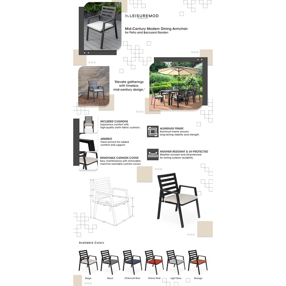 Chelsea Modern Patio Dining Armchair in Aluminum with Removable Cushions. Picture 27