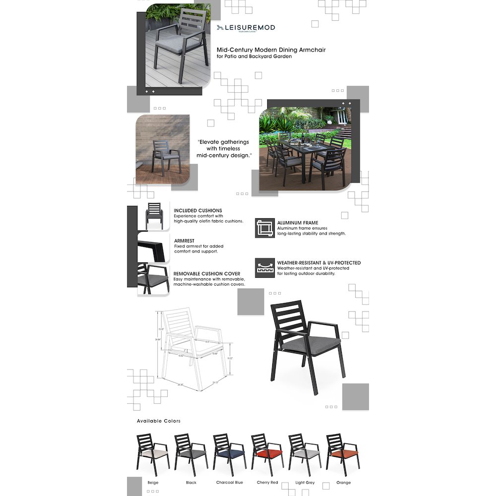 Chelsea Modern Patio Dining Armchair in Aluminum with Removable Cushions. Picture 27
