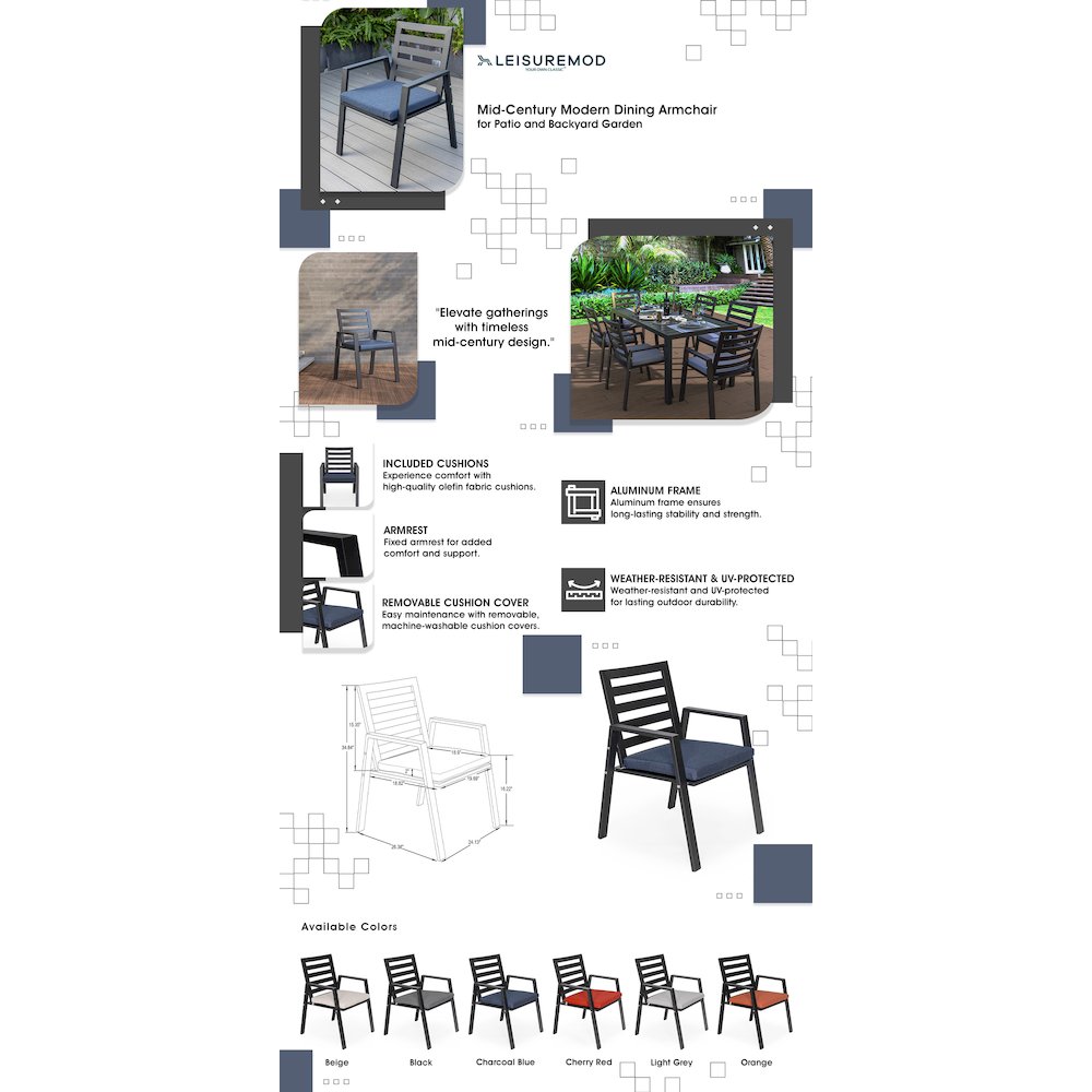 Chelsea Modern Patio Dining Armchair in Aluminum with Removable Cushions. Picture 27