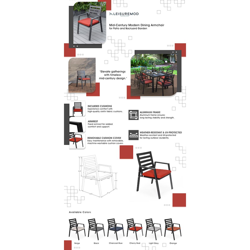 Chelsea Modern Patio Dining Armchair in Aluminum with Removable Cushions. Picture 27