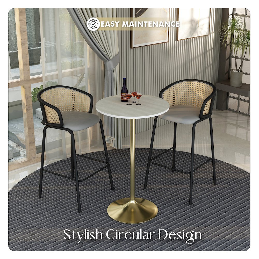 Bar Height Table Brushed Gold Base with 27" Round Light Natural Wood MDF Top. Picture 7