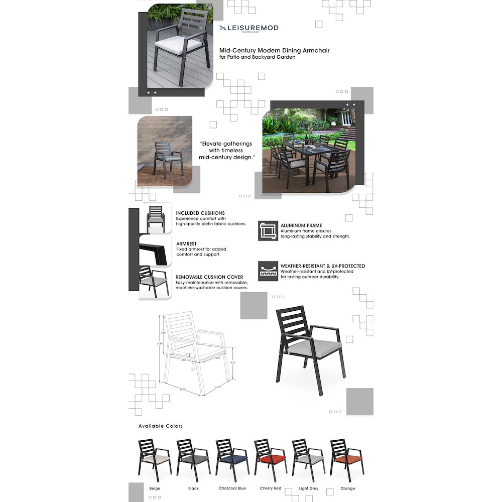 Chelsea Modern Patio Dining Armchair in Aluminum with Removable Cushions. Picture 27
