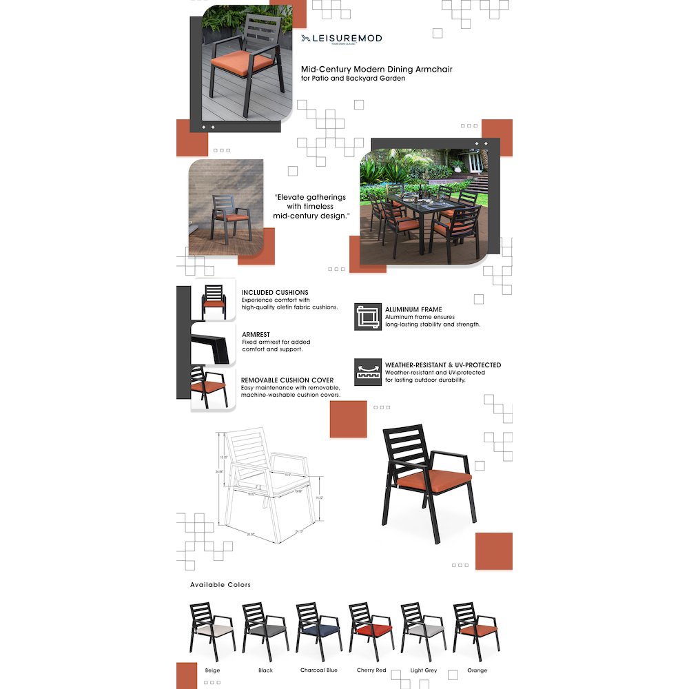 Chelsea Modern Patio Dining Armchair in Aluminum with Removable Cushions. Picture 27