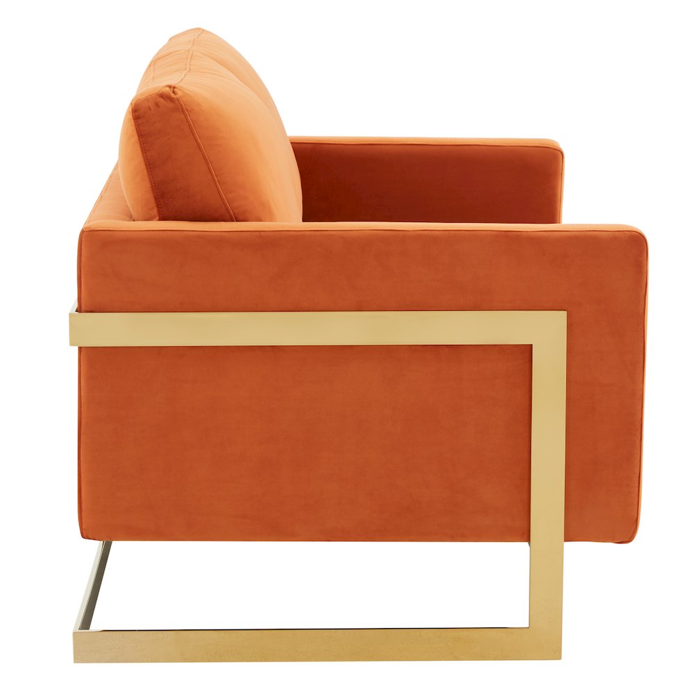 Lincoln Modern Mid-Century Upholstered Velvet Loveseat with Gold Frame. Picture 7